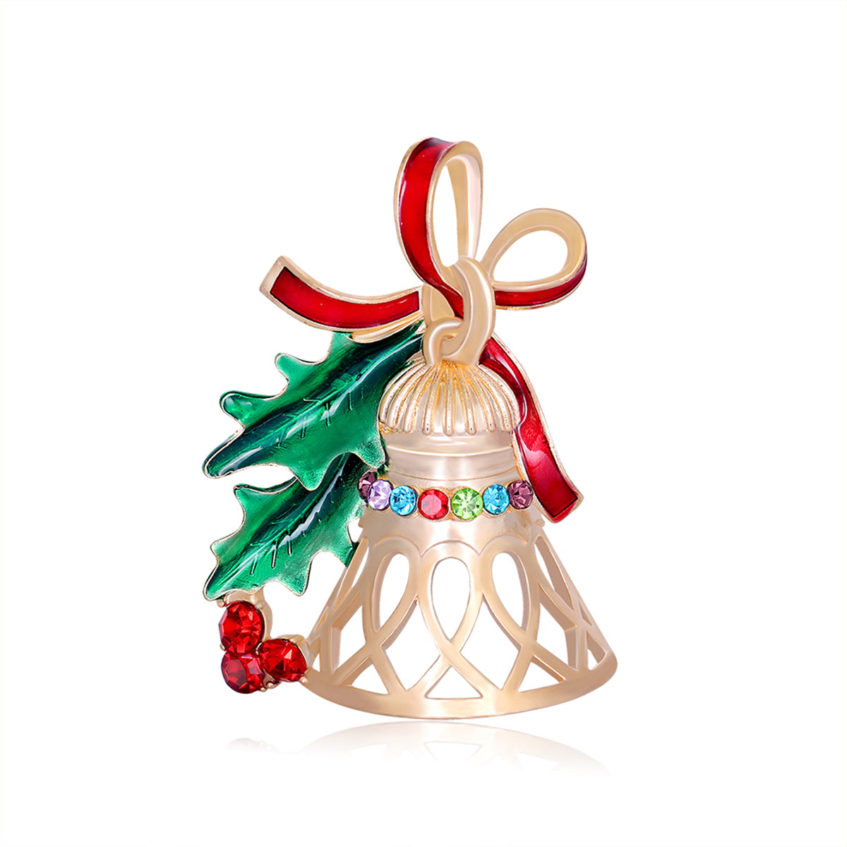 Red Cubic Zirconia and Green Enamel Bell Brooch, brooch pin, dainty minimalist design, side view