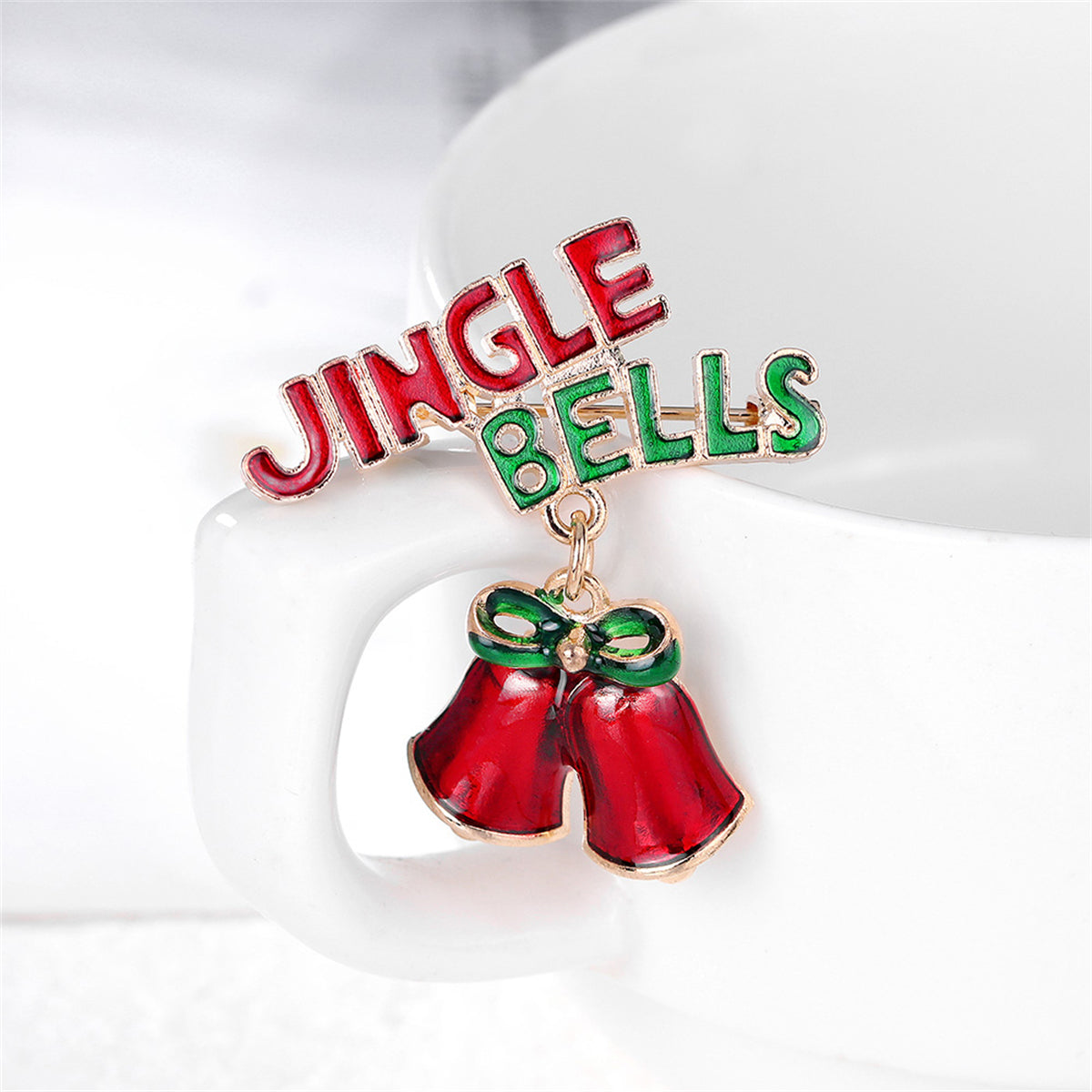 Red Enamel and 18K Gold-Plated 'Jingle Bells' Brooch, gold brooch pin, dainty minimalist design, front view