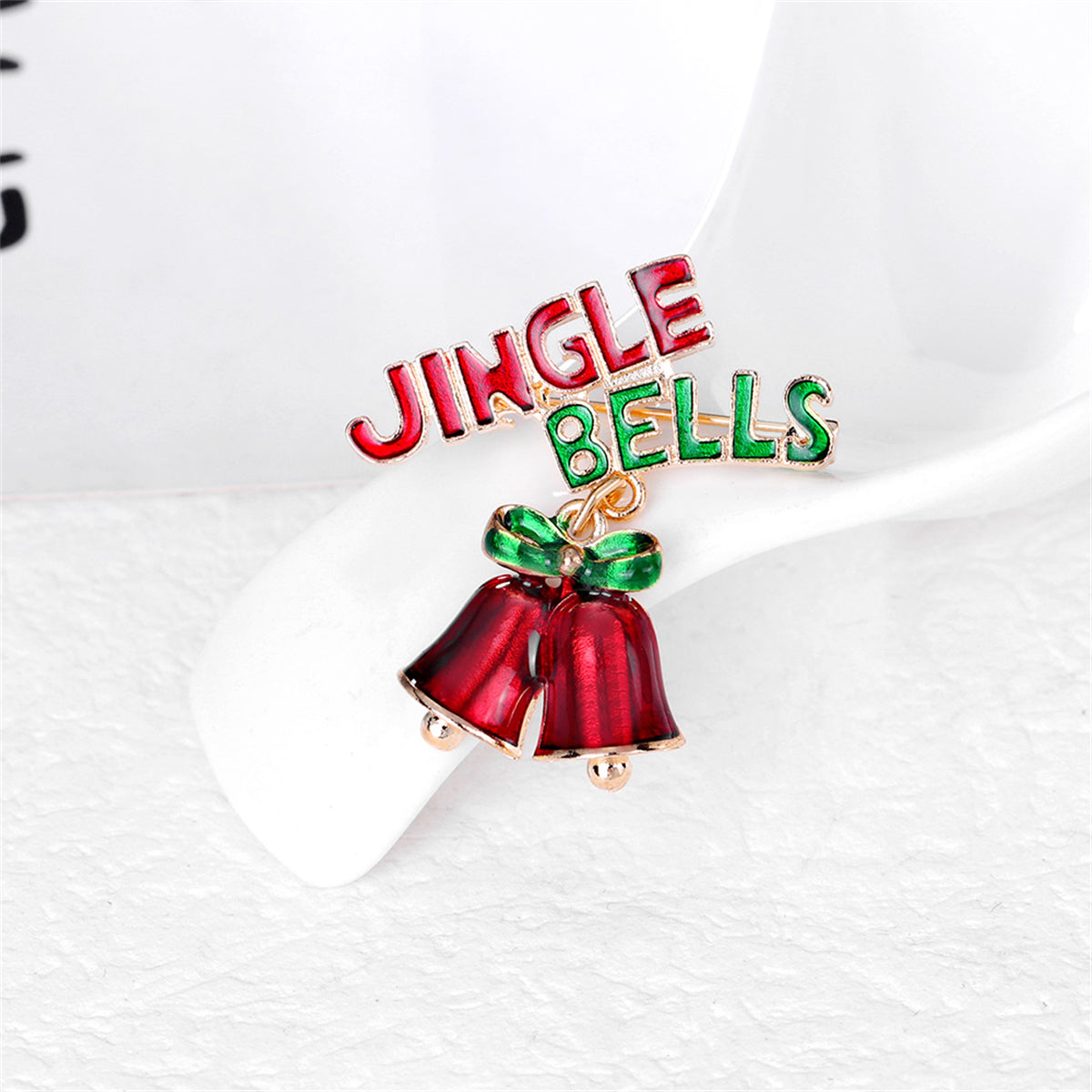Red Enamel and 18K Gold-Plated 'Jingle Bells' Brooch, gold brooch pin, dainty minimalist design, detail close-up