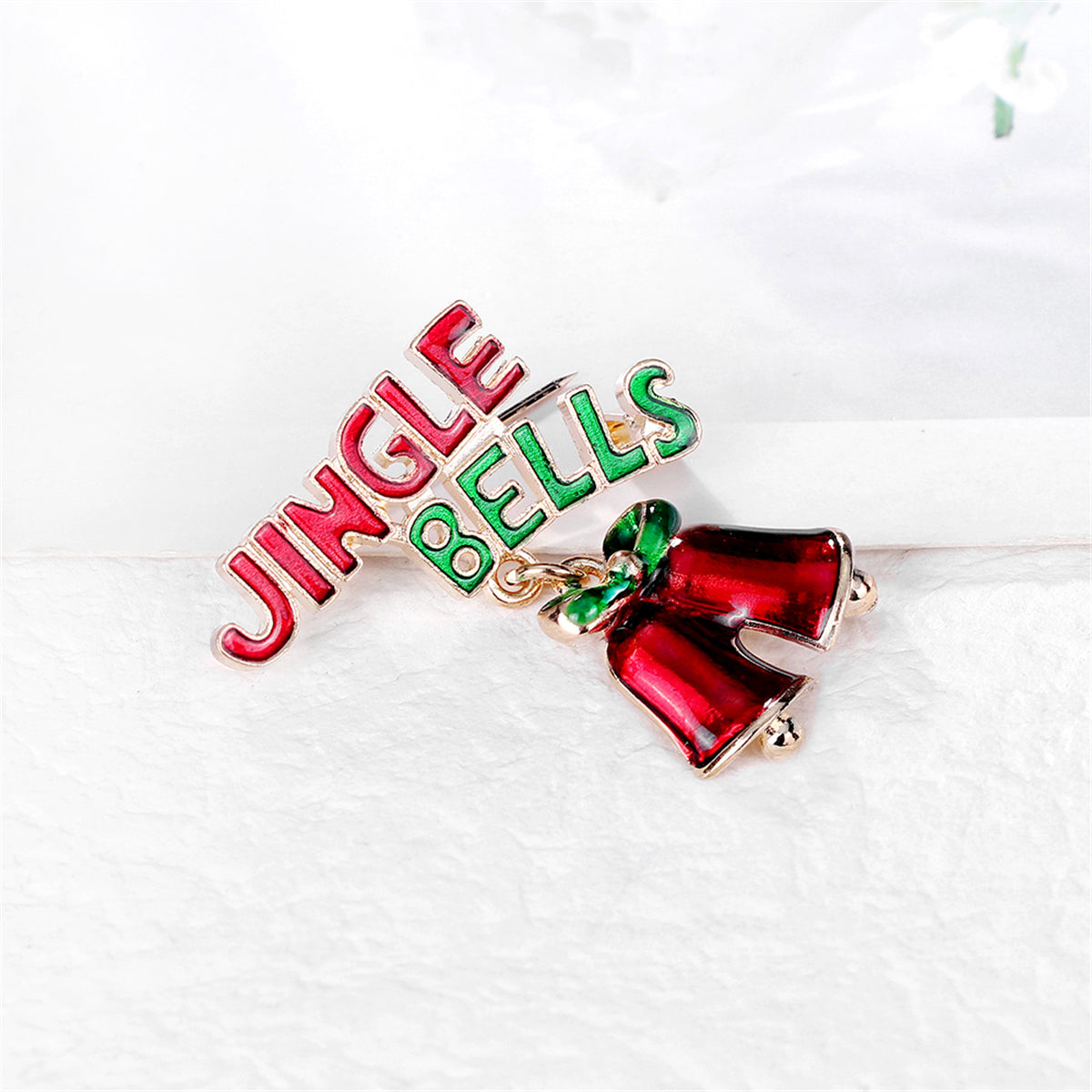 Red Enamel and 18K Gold-Plated 'Jingle Bells' Brooch, gold brooch pin, dainty minimalist design, lifestyle look