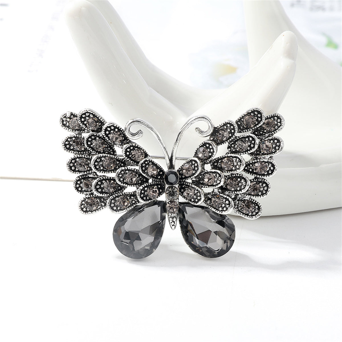 Gray Crystal and Cubic Zirconia Silver-Plated Butterfly Brooch, silver brooch pin, vintage-inspired design, front view