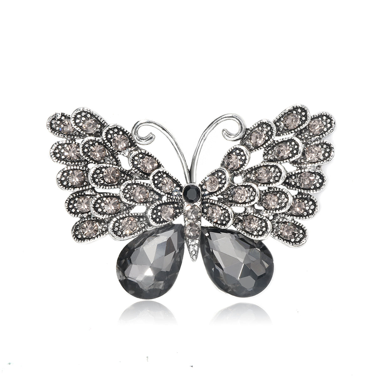 Gray Crystal and Cubic Zirconia Silver-Plated Butterfly Brooch, silver brooch pin, vintage-inspired design, side view