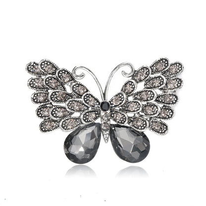Gray Crystal and Cubic Zirconia Silver-Plated Butterfly Brooch, silver brooch pin, vintage-inspired design, side view