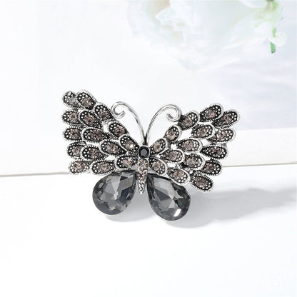 Gray Crystal and Cubic Zirconia Silver-Plated Butterfly Brooch, silver brooch pin, vintage-inspired design, detail close-up