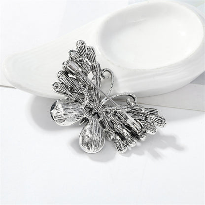 Gray Crystal and Cubic Zirconia Silver-Plated Butterfly Brooch, silver brooch pin, vintage-inspired design, styled look