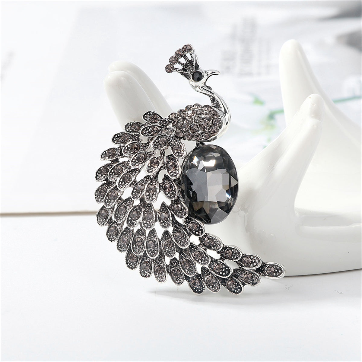 Crystal and Cubic Zirconia Peacock Brooch, brooch pin, vintage-inspired design, front view
