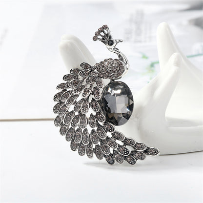 Crystal and Cubic Zirconia Peacock Brooch, brooch pin, vintage-inspired design, front view