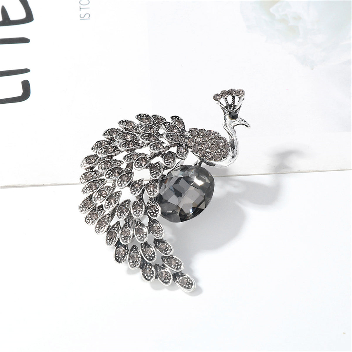 Crystal and Cubic Zirconia Peacock Brooch, brooch pin, vintage-inspired design, detail close-up