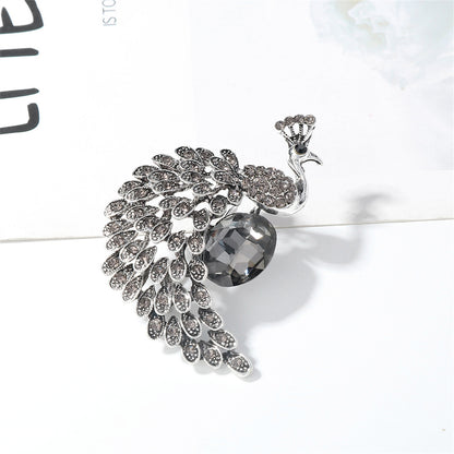Crystal and Cubic Zirconia Peacock Brooch, brooch pin, vintage-inspired design, detail close-up