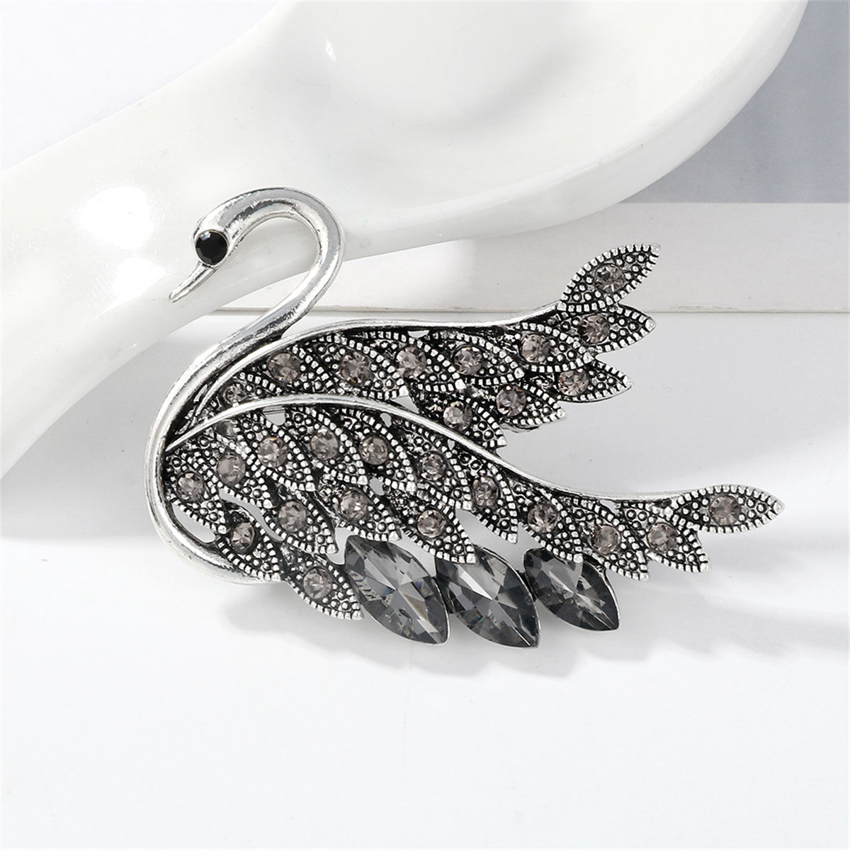 Gray Crystal and Cubic Zirconia Silver-Plated Swan Brooch, silver brooch pin, everyday style, front view
