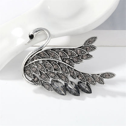 Gray Crystal and Cubic Zirconia Silver-Plated Swan Brooch, silver brooch pin, everyday style, front view