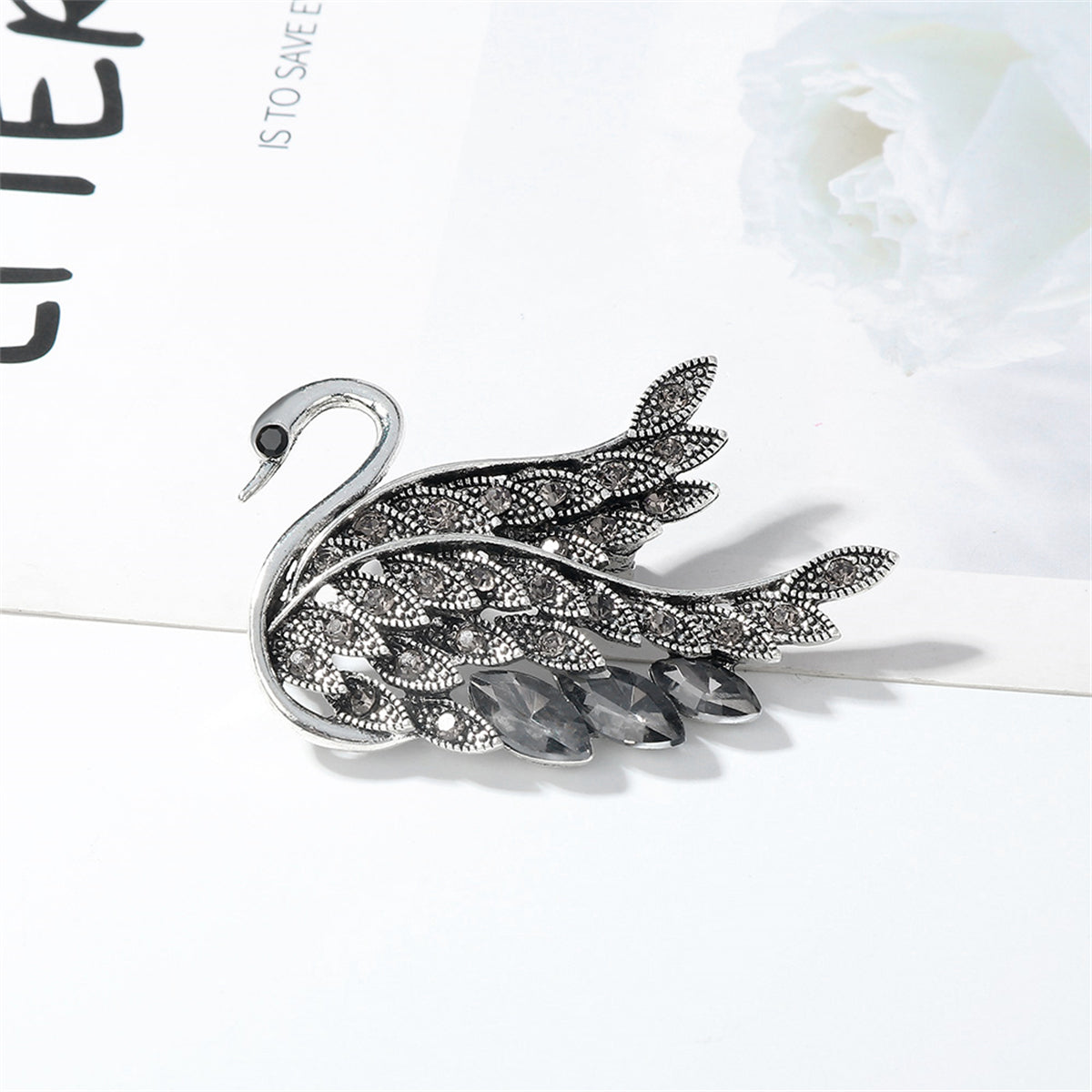 Gray Crystal and Cubic Zirconia Silver-Plated Swan Brooch, silver brooch pin, everyday style, detail close-up
