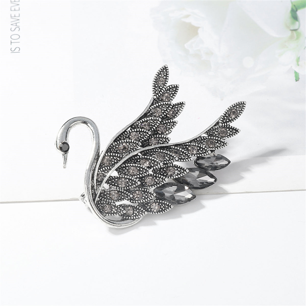 Gray Crystal and Cubic Zirconia Silver-Plated Swan Brooch, silver brooch pin, everyday style, lifestyle look