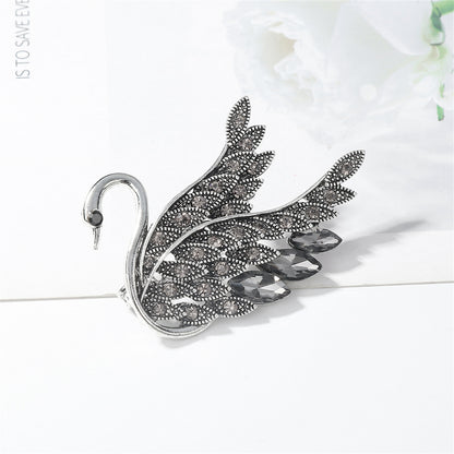 Gray Crystal and Cubic Zirconia Silver-Plated Swan Brooch, silver brooch pin, everyday style, lifestyle look