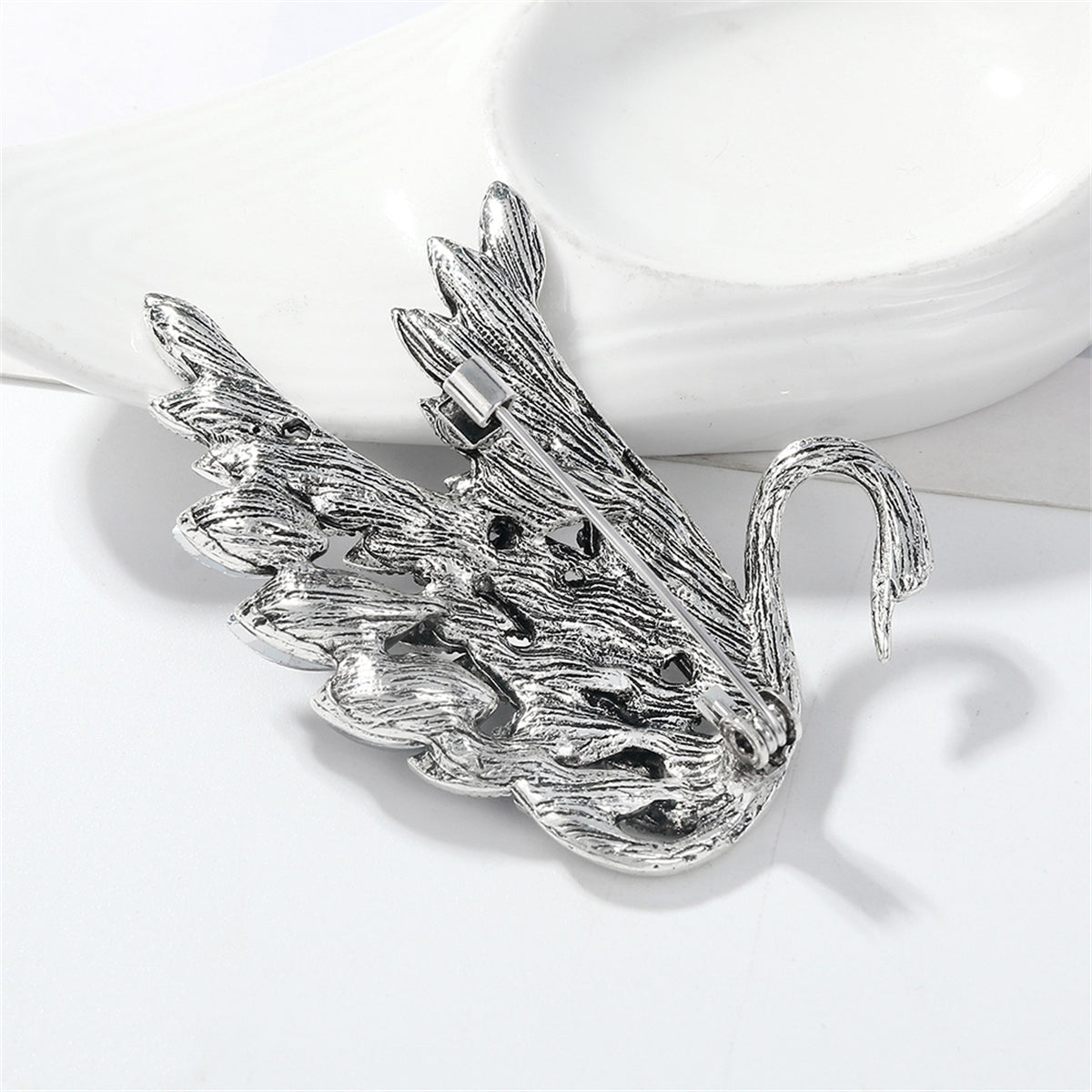 Gray Crystal and Cubic Zirconia Silver-Plated Swan Brooch, silver brooch pin, everyday style, styled look