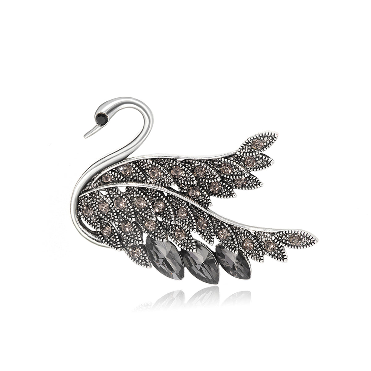 Gray Crystal and Cubic Zirconia Silver-Plated Swan Brooch, silver brooch pin, everyday style, side view