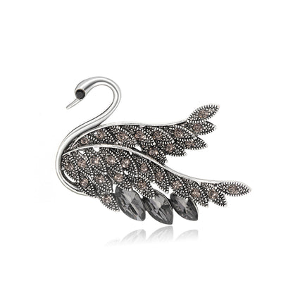 Gray Crystal and Cubic Zirconia Silver-Plated Swan Brooch, silver brooch pin, everyday style, side view