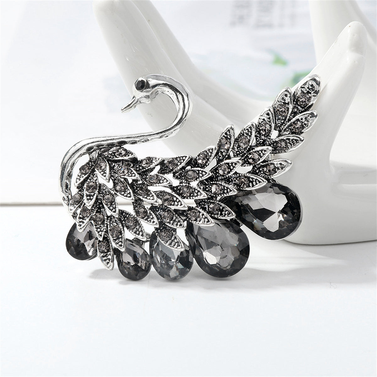 Crystal and Cubic Zirconia Swan Brooch, brooch pin, dainty minimalist design, front view