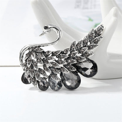 Crystal and Cubic Zirconia Swan Brooch, brooch pin, dainty minimalist design, front view