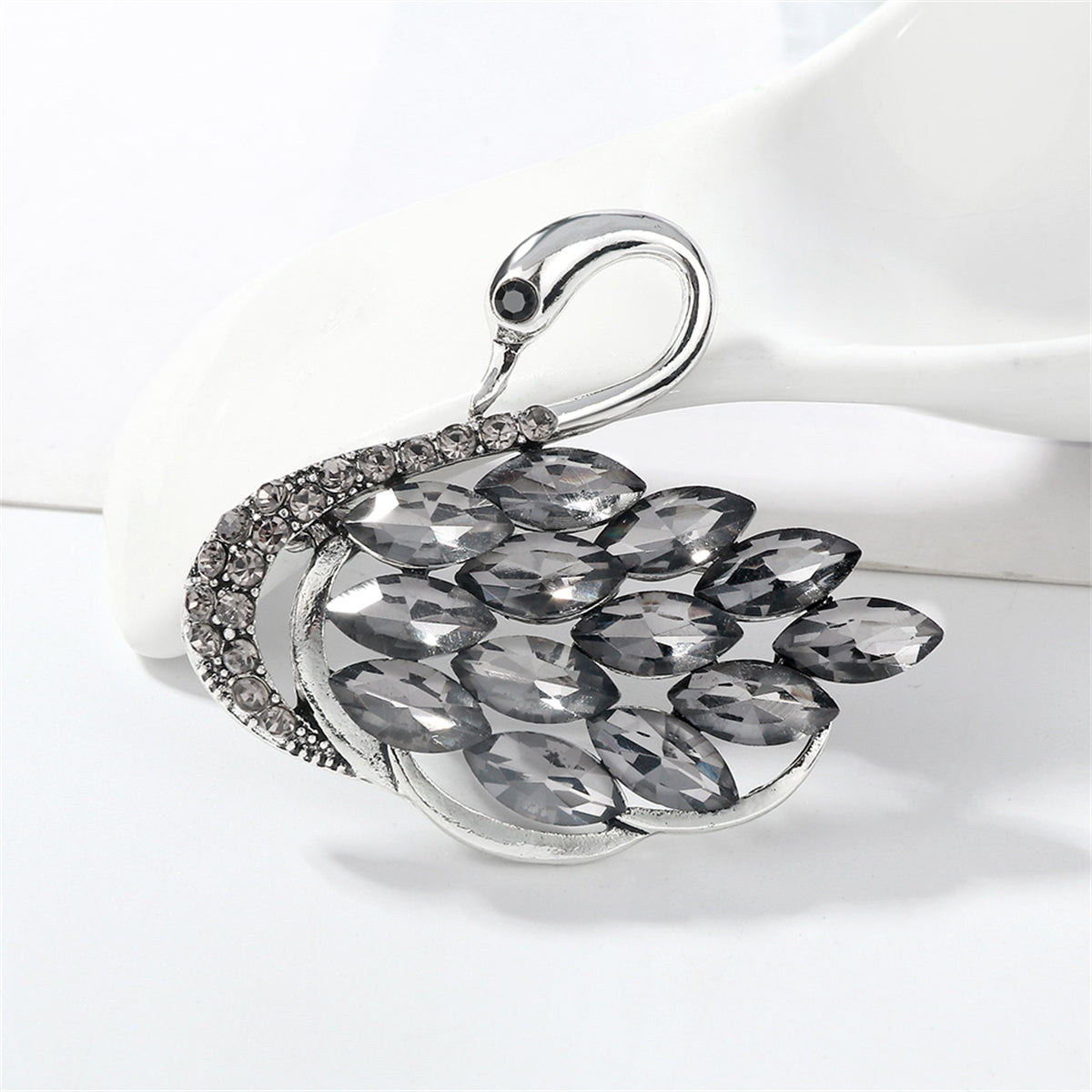 Gray Crystal & Cubic Zirconia Silver-Plated Curved Swan Brooch