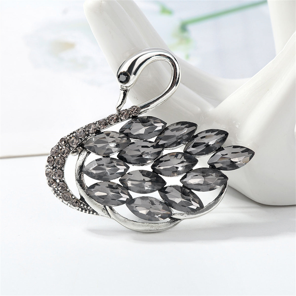 Gray Crystal & Cubic Zirconia Silver-Plated Curved Swan Brooch