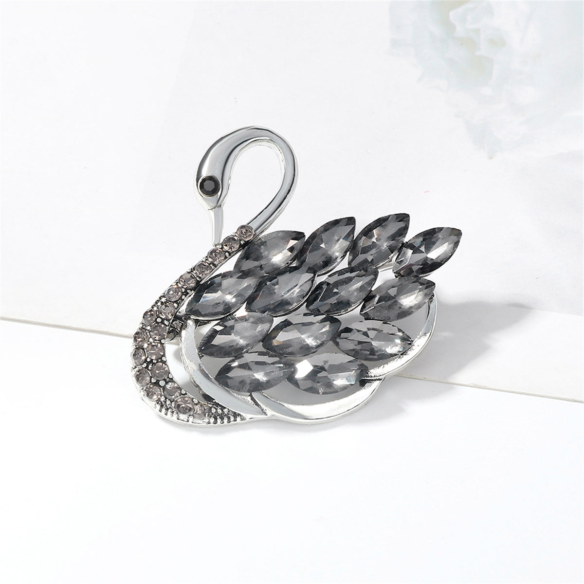 Gray Crystal & Cubic Zirconia Silver-Plated Curved Swan Brooch