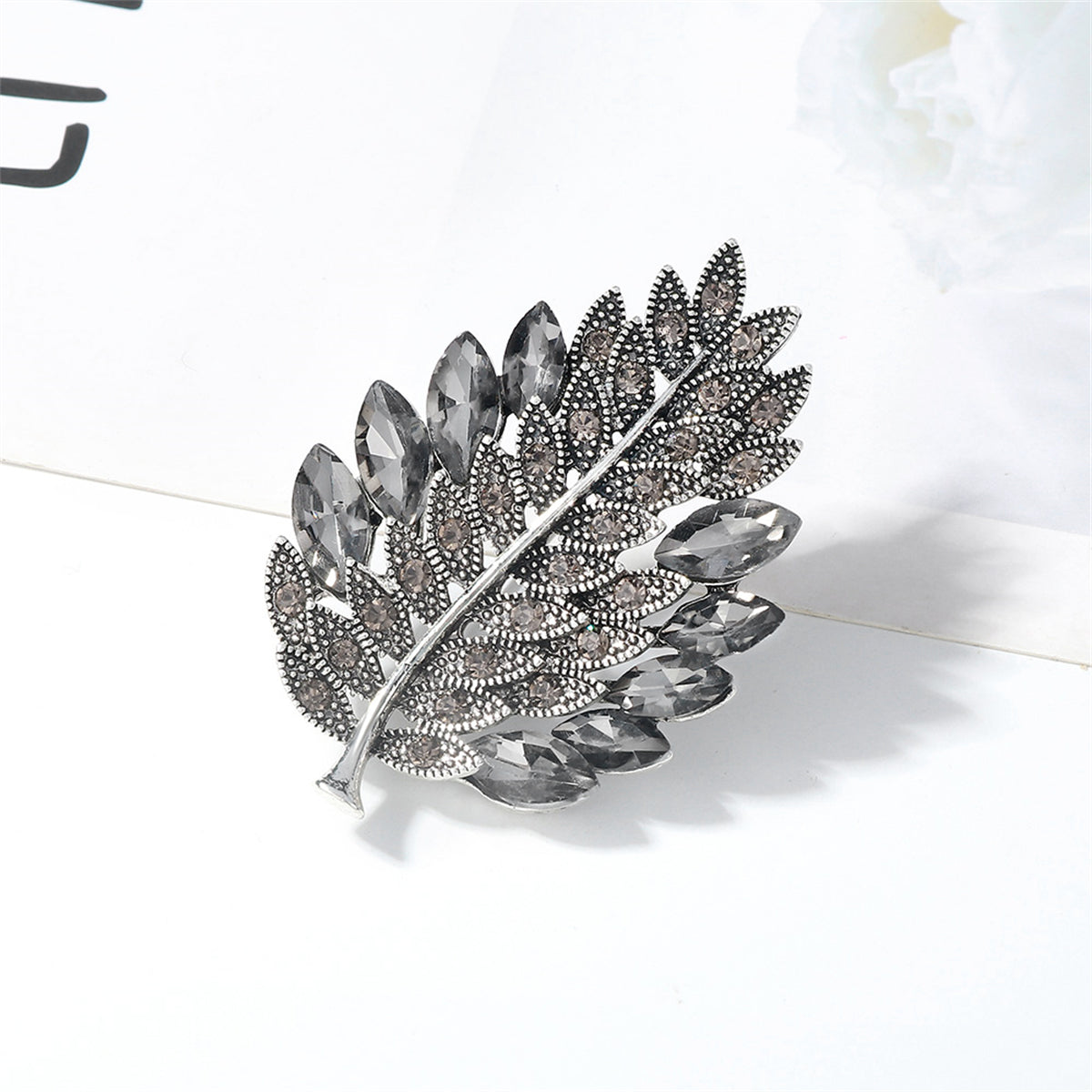 Gray Crystal & Cubic Zirconia Silver-Plated Leaf Brooch
