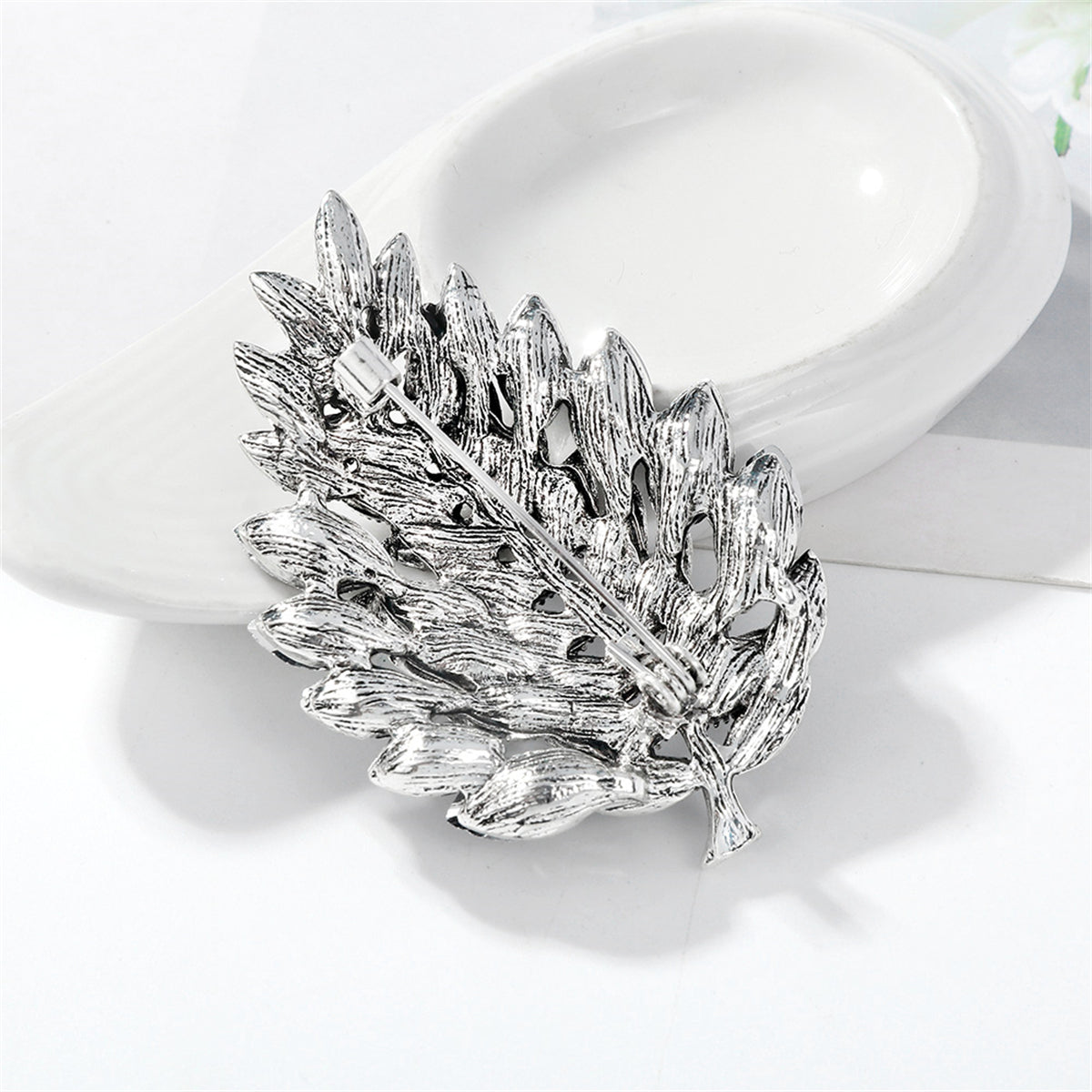 Gray Crystal & Cubic Zirconia Silver-Plated Leaf Brooch