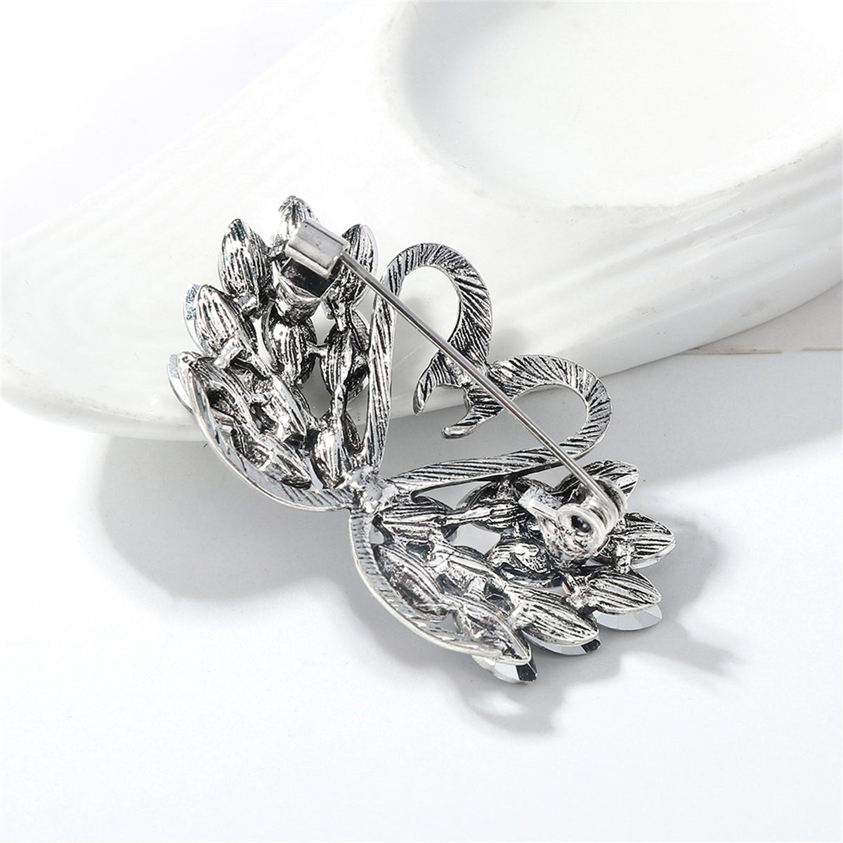 Cubic Zirconia & Crystal Silver-Plated Swan Couple Brooch