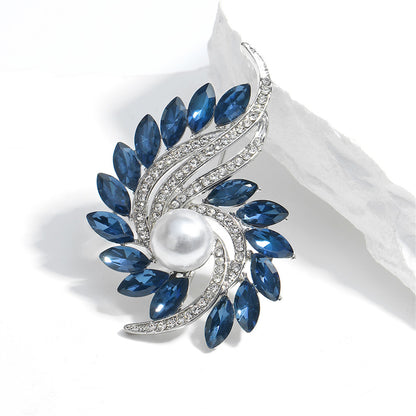Navy Crystal and Cubic Zirconia Botanical Brooch, brooch pin, botanical inspired, side view