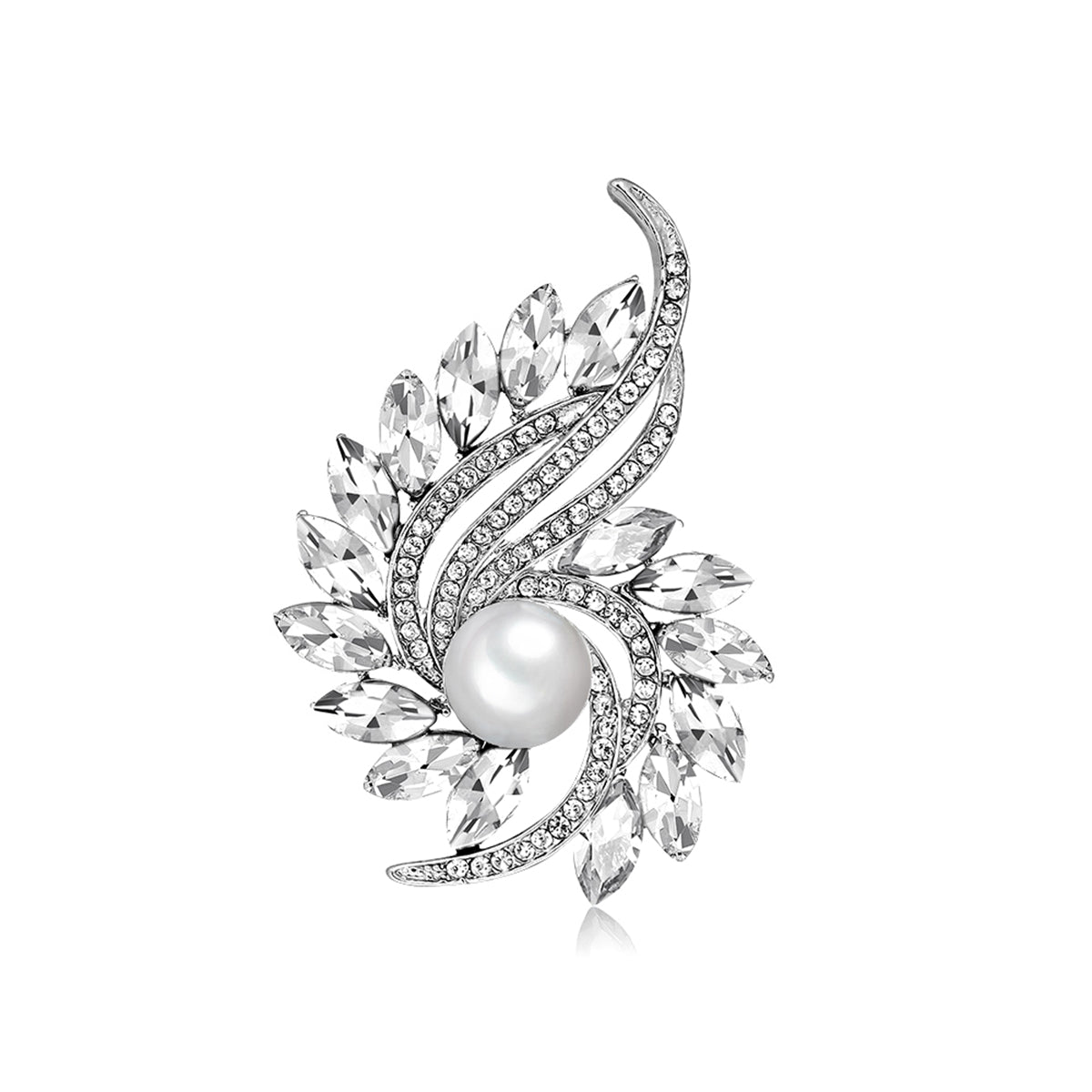 Elegant white pearl and diamond brooch adorned with clear crystals and cubic zirconia, showcasing a botanical motif.