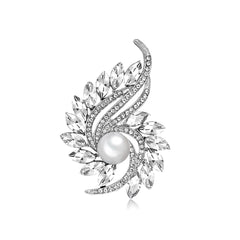 Elegant white pearl and diamond brooch adorned with clear crystals and cubic zirconia, showcasing a botanical motif.