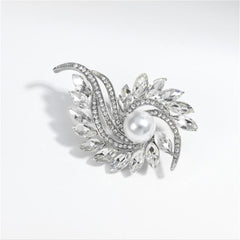 A refined white pearl and diamond brooch, enhanced with clear crystal and cubic zirconia, reflecting a botanical theme.