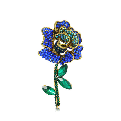 Blue Cubic Zirconia and Crystal 18K Gold-Plated Rose Brooch, gold brooch pin, everyday style, front view