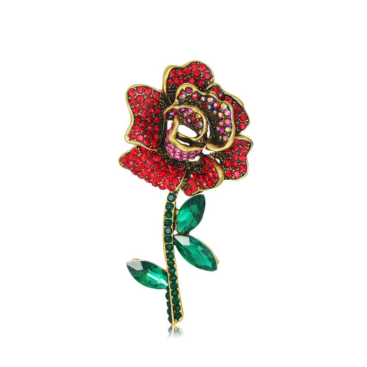 Red Cubic Zirconia and Crystal 18K Gold-Plated Rose Brooch, gold brooch pin, botanical inspired, front view