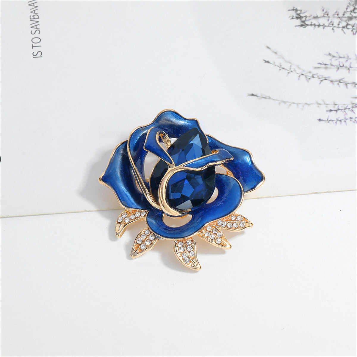 Blue Enamel and Cubic Zirconia 18K Gold-Plated Rose Brooch, gold brooch pin, vintage-inspired design, side view