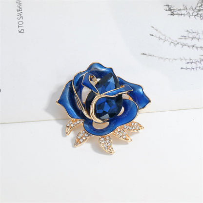 Blue Enamel and Cubic Zirconia 18K Gold-Plated Rose Brooch, gold brooch pin, vintage-inspired design, side view