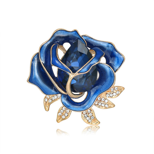 Blue Enamel and Cubic Zirconia 18K Gold-Plated Rose Brooch, gold brooch pin, vintage-inspired design, front view