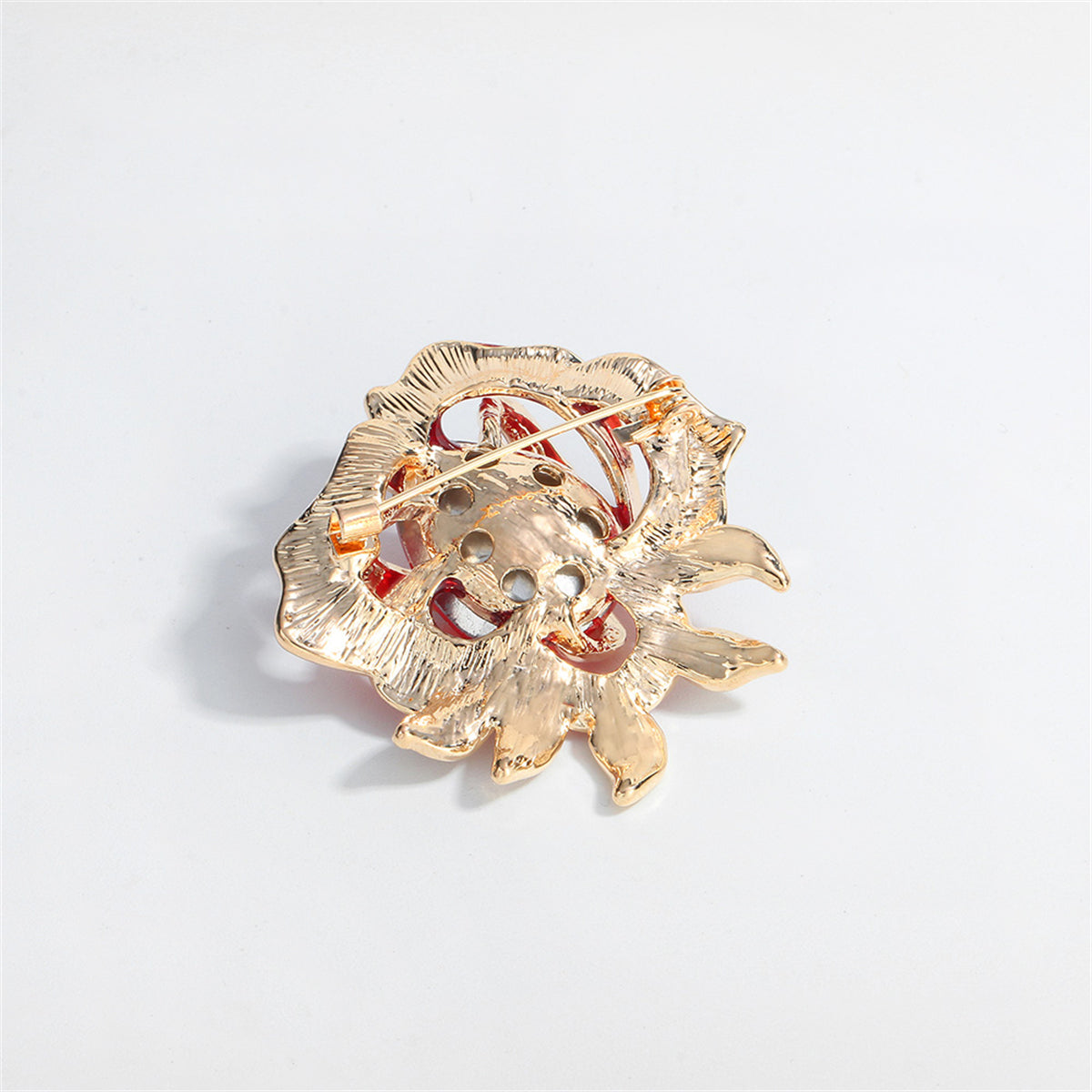 Blue Enamel and Cubic Zirconia 18K Gold-Plated Rose Brooch, gold brooch pin, vintage-inspired design, detail close-up