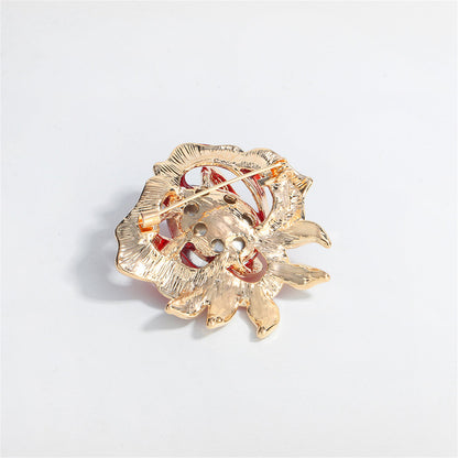 Blue Enamel and Cubic Zirconia 18K Gold-Plated Rose Brooch, gold brooch pin, vintage-inspired design, detail close-up