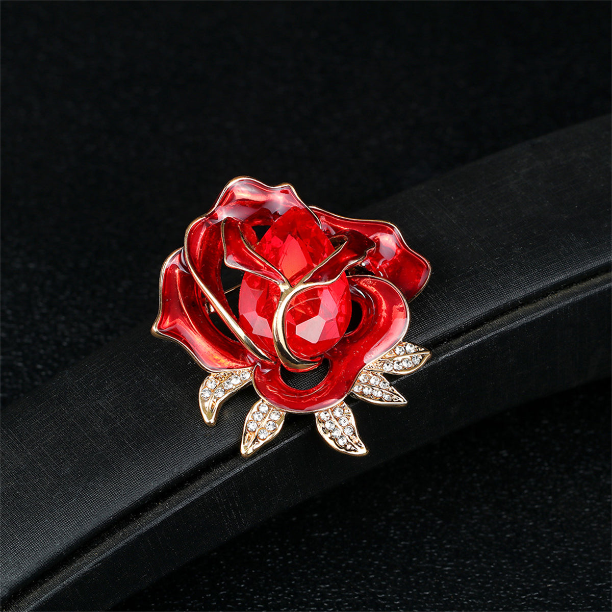 Red Crystal and Cubic Zirconia 18K Gold-Plated Rose Brooch, gold brooch pin, everyday style, side view