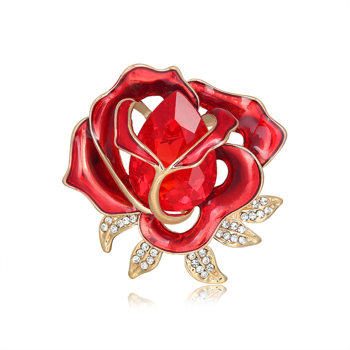 Red Crystal and Cubic Zirconia 18K Gold-Plated Rose Brooch, gold brooch pin, everyday style, front view