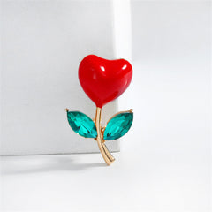 Green Crystal & Red Heart Botanical Brooch