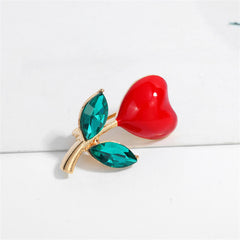 Green Crystal & Red Heart Botanical Brooch