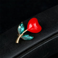 Green Crystal & Red Heart Botanical Brooch