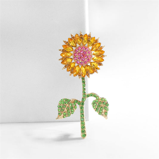 Yellow Crystal and Cubic Zirconia Sunflower Brooch, brooch pin, elegant gift for her, front view