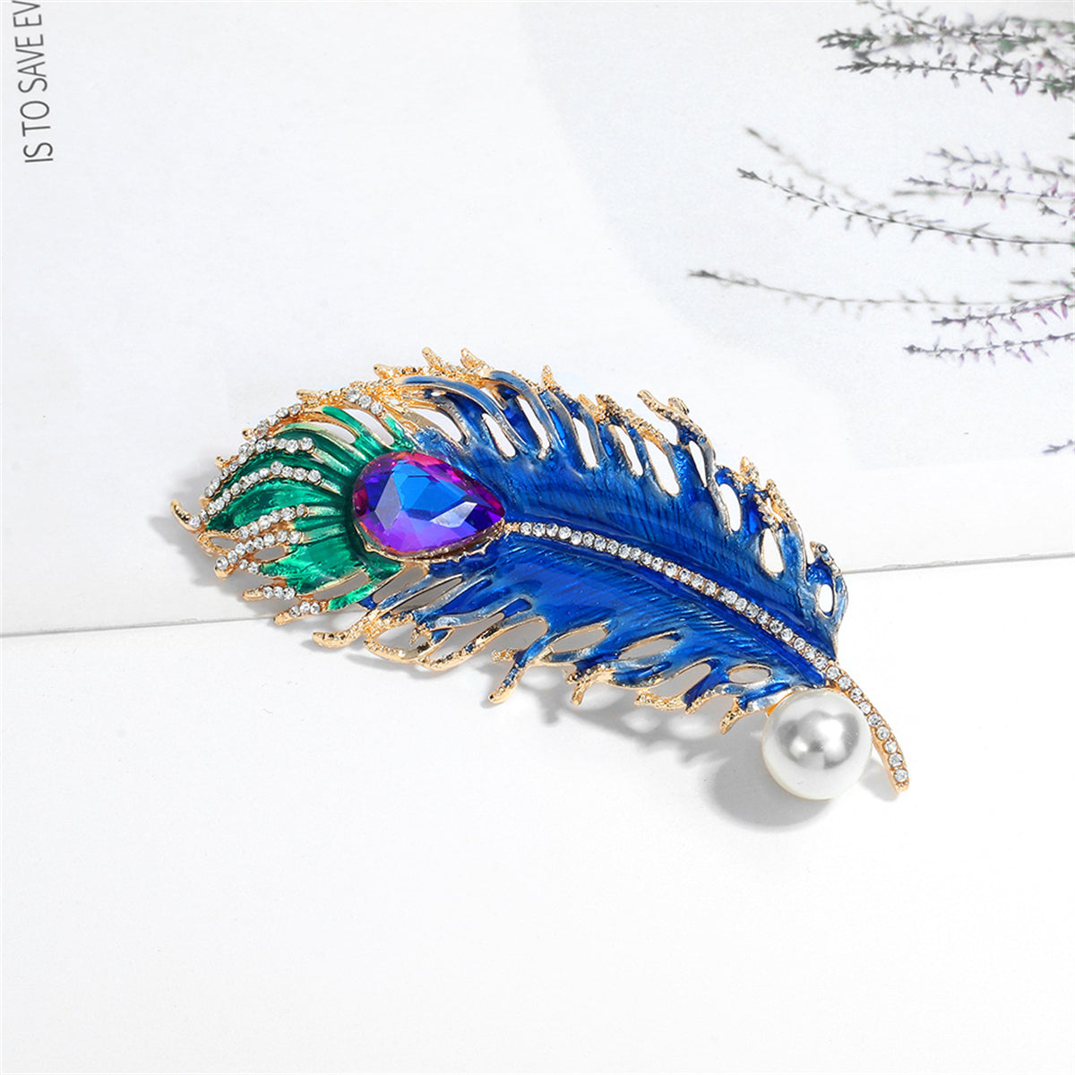 Blue Crystal and Cubic Zirconia Feather Brooch, brooch pin, elegant gift for her, front view