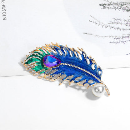 Blue Crystal and Cubic Zirconia Feather Brooch, brooch pin, elegant gift for her, front view