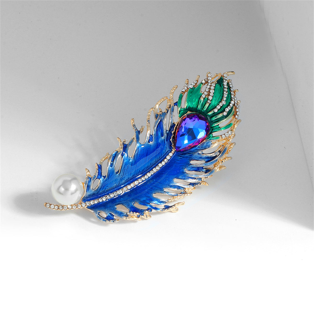 Blue Crystal & Cubic Zirconia Feather Brooch