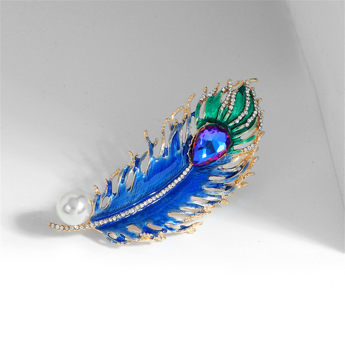 Blue Crystal and Cubic Zirconia Feather Brooch, brooch pin, elegant gift for her, side view